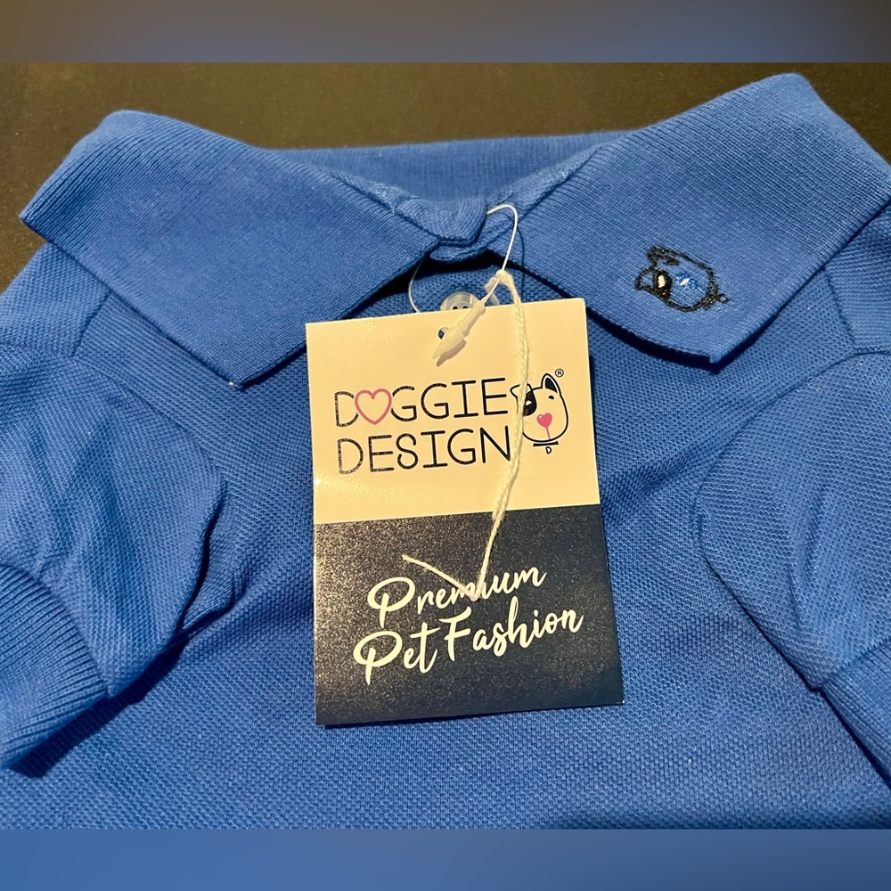 Pet Blue Polo Shirt for Dogs, Cats, Big Bunnies. Collar with button closure.